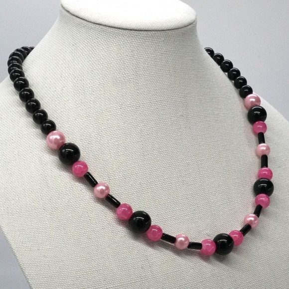 Necklace Black Onyx Pink Pearls Hot Pink Beads - Picture 2 of 2